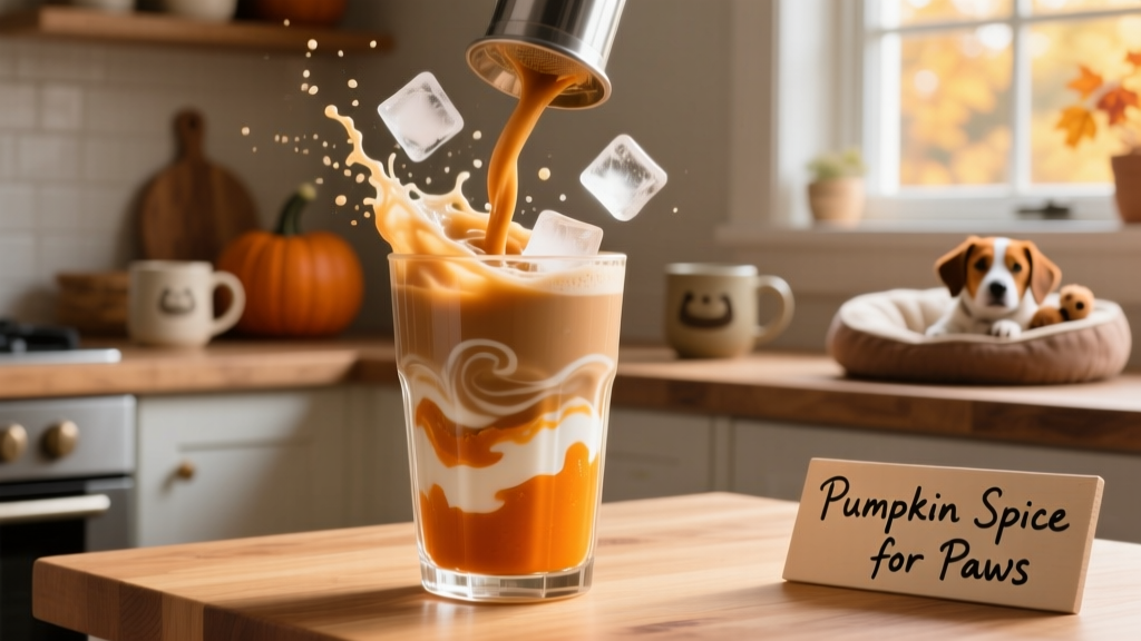 A frothy Pumpkin Spice Latte in a shaker, with pumpkin puree, yogurt, and ice cubes visible through the glass