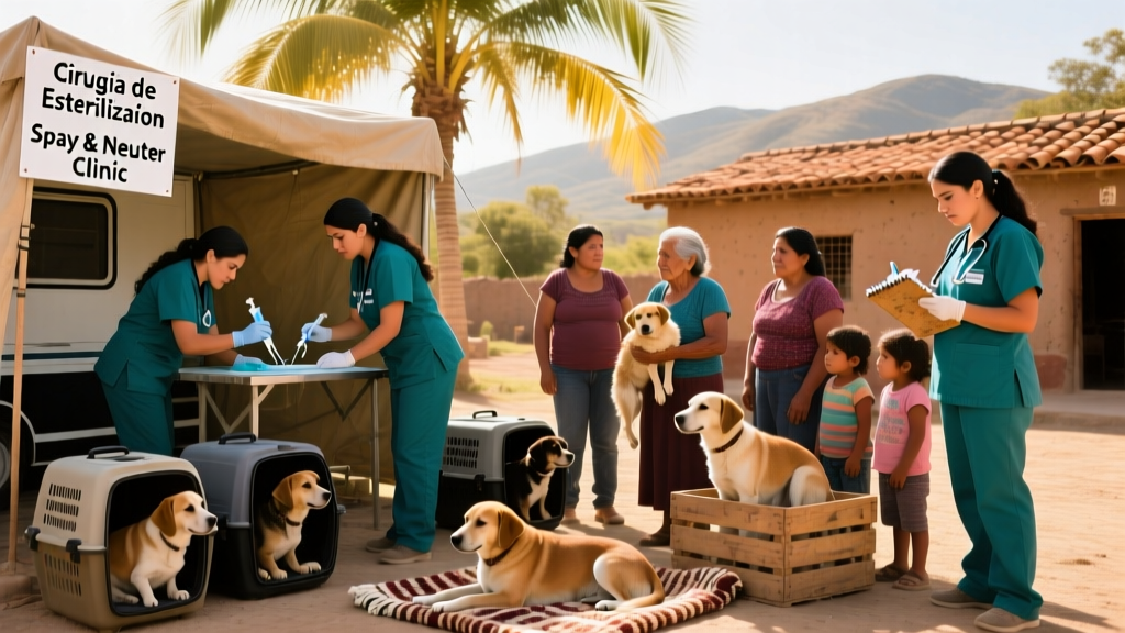 A bilingual veterinary team conducting a mobile spay/neuter clinic in a rural Mexican community, with community members and dogs present
