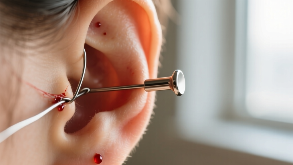 Macro shot of a 20-gauge wire cutting into skin next to a 16-gauge titanium post resting comfortably in a pierced ear lobe