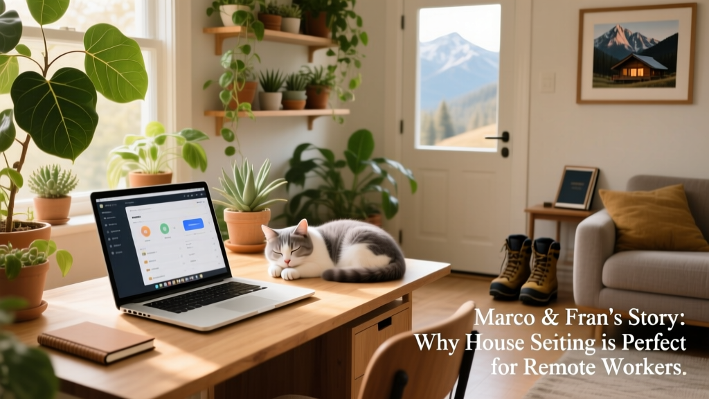 A beautifully organized desk in a bright, plant-filled living room, with a laptop open and a sleepy kitten napping beside it