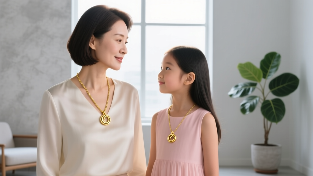 Mother and daughter wearing matching 14k gold interlocking pendants on delicate box chains, illuminated by soft natural light