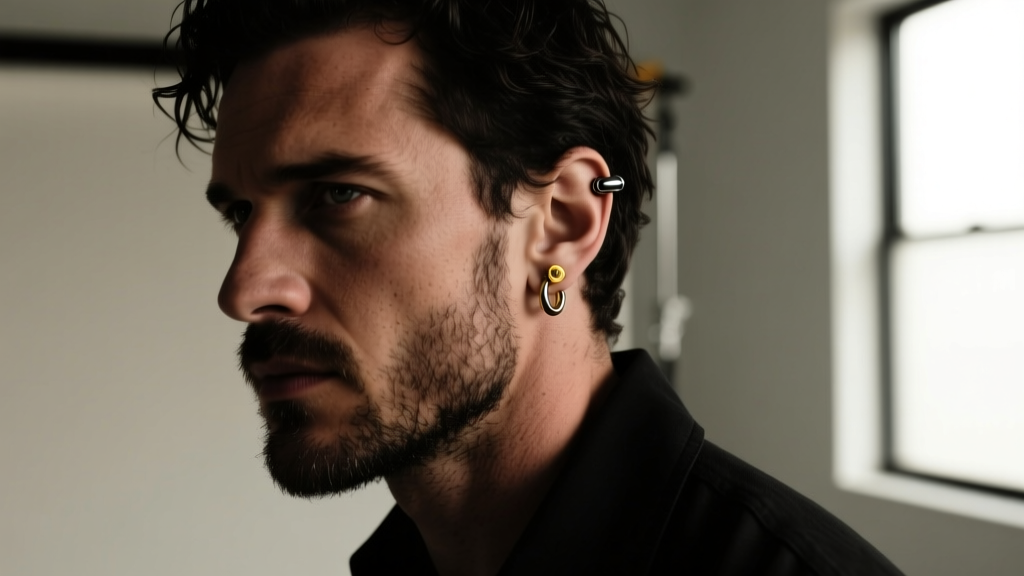 Rugged man wearing a matte black titanium 16-gauge helix hoop and a small 14k gold lobe stud in moody studio light.