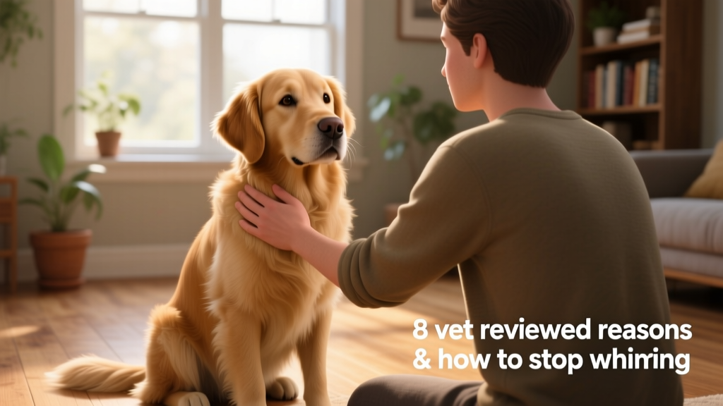 A calm, confident dog sitting quietly beside a person’s hand resting on their back, illustrating trust and relaxed communication