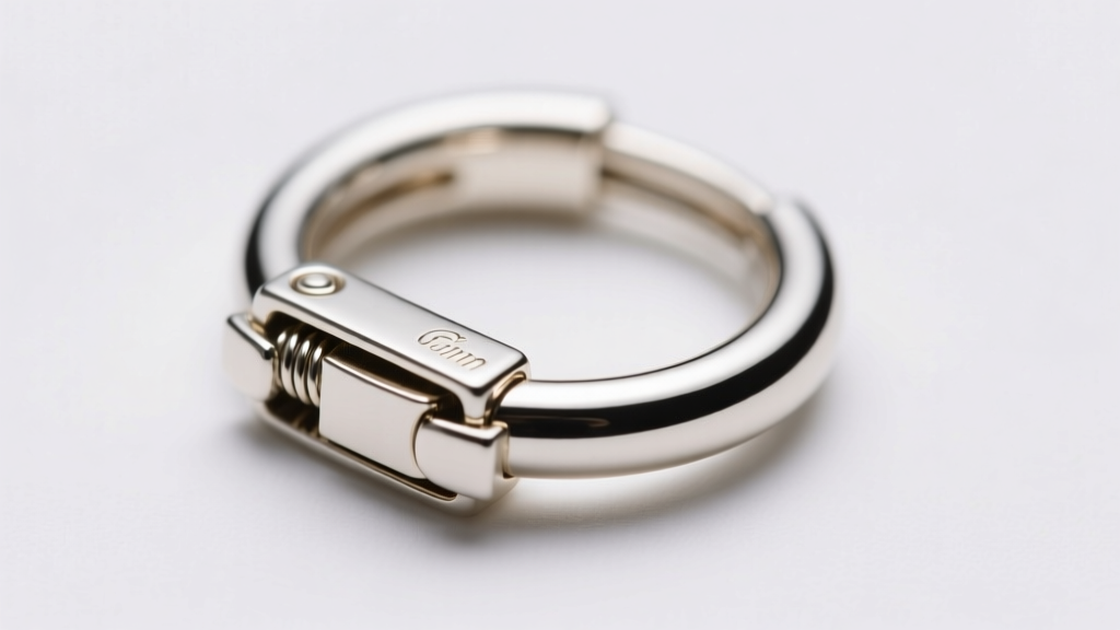 Macro shot of a hinged clicker closure on a white gold mini hoop, showing the precise seam and clasp under bright studio light.