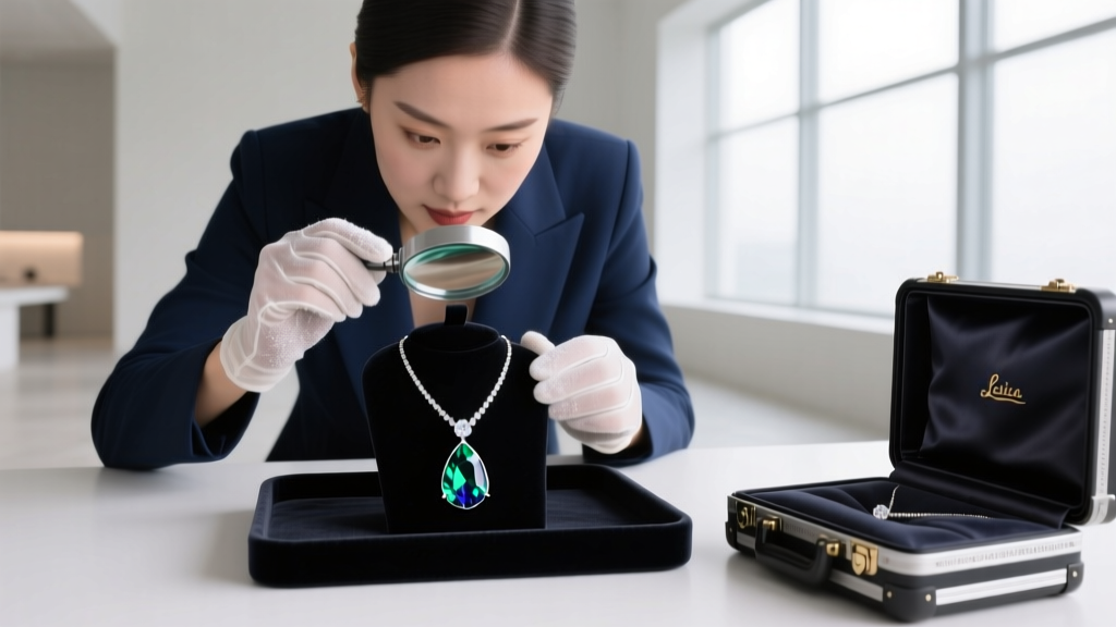Bridal stylist inspecting a 3-carat pear-shaped diamond pendant necklace with a loupe before packing it in a secure shipping case.