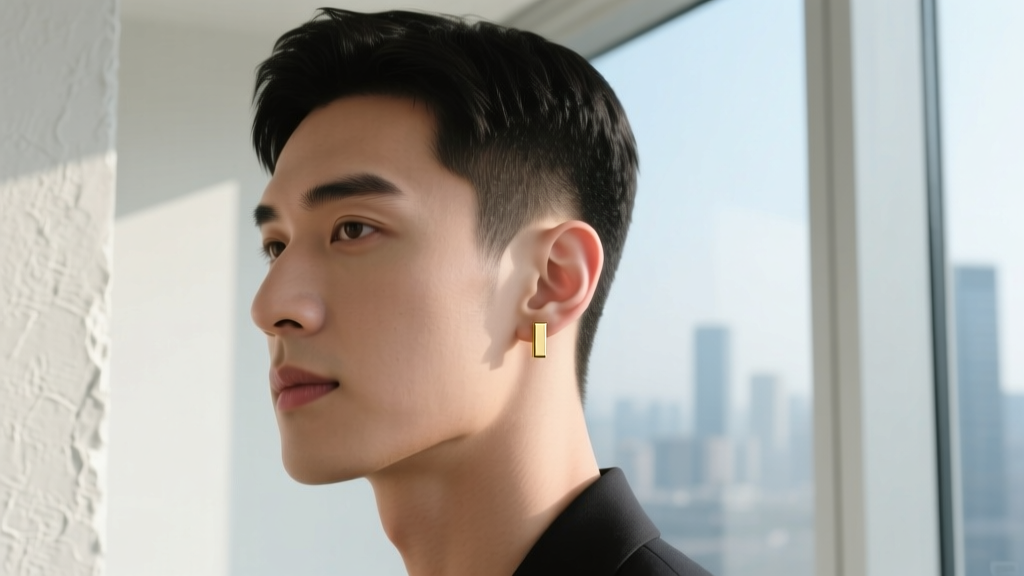 Portrait of a well-groomed man in his twenties wearing a subtle 18k gold minimalist bar stud earring, soft natural window lighting