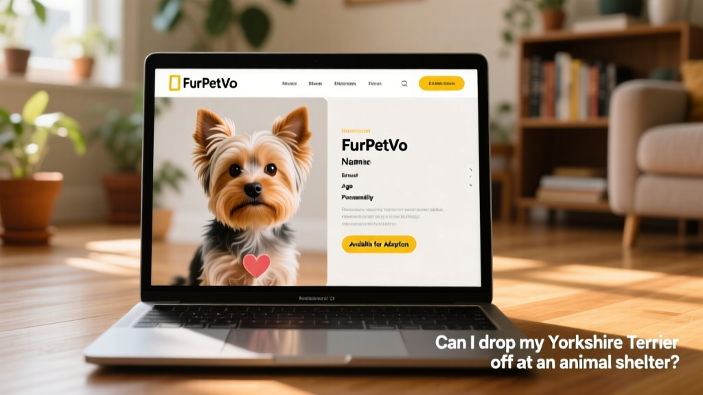 A laptop screen showing the FurPetVo website interface with a Yorkie’s photo and adoption profile details