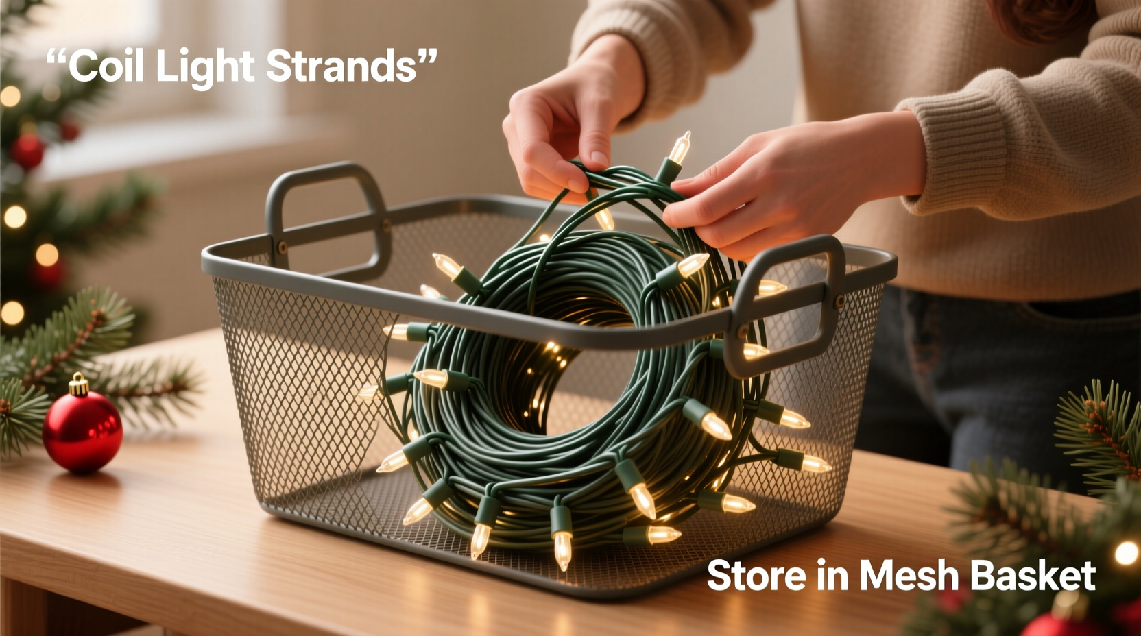 how to use mesh baskets for storing tangled christmas light strands