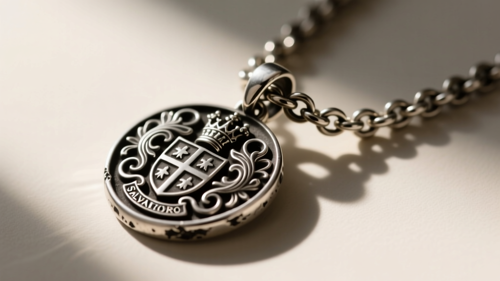 Macro shot of an oxidized sterling silver Salvatore family crest pendant showing deep engraving and a heavy rolo chain.