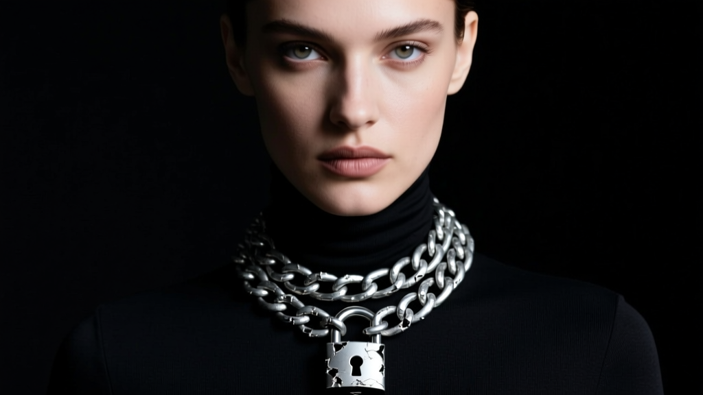 Model wearing a heavy distressed silver Balenciaga padlock chain necklace over a black turtleneck, shot in moody studio lighting