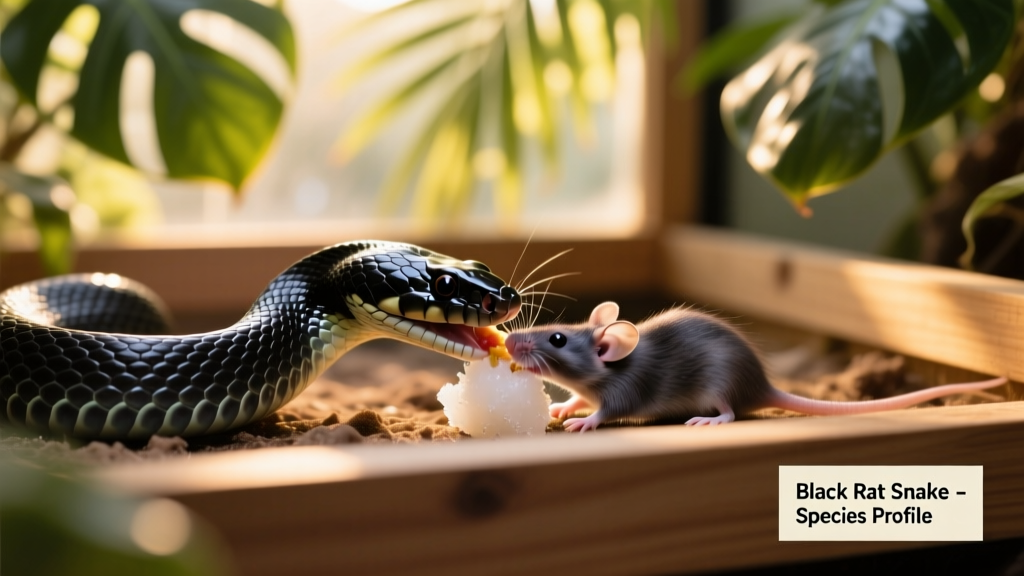 Close-up of a black rat snake feeding on a thawed frozen mouse, demonstrating proper feeding posture and calm demeanor