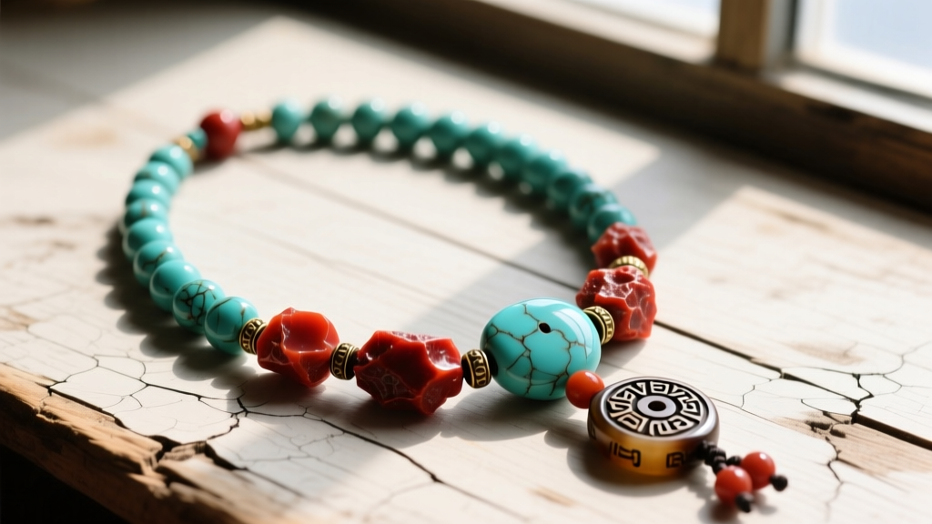 Flat-lay of an authentic vintage Tibetan necklace with rough turquoise, red coral, and etched agate dzi beads on weathered wood.