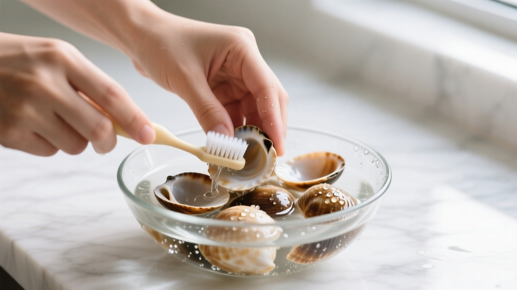 Hands gently scrubbing puka shells with an extra-soft baby toothbrush and mild soapy distilled water in a shallow glass bowl.