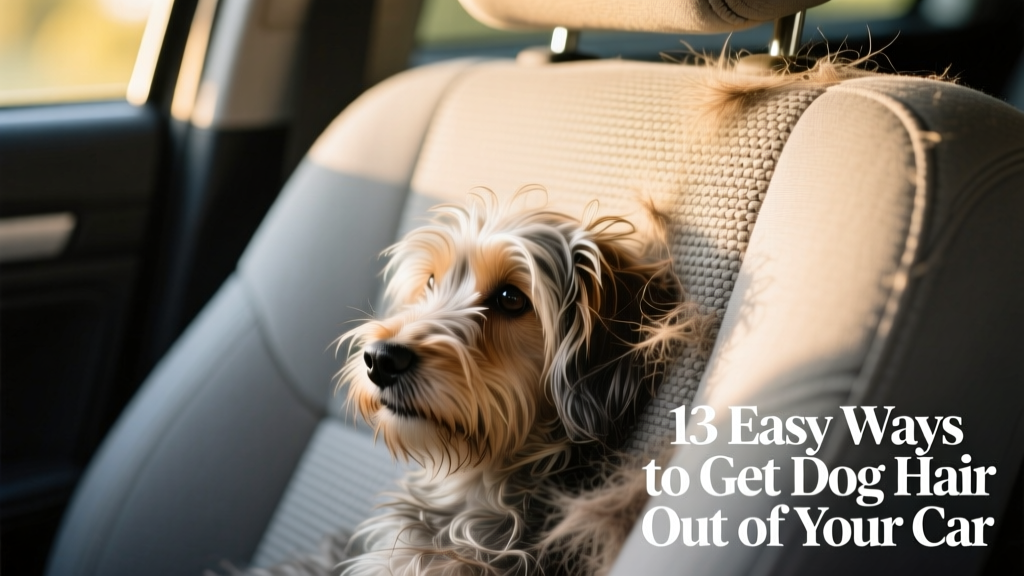 Close-up of dog hair clinging to fabric car seat