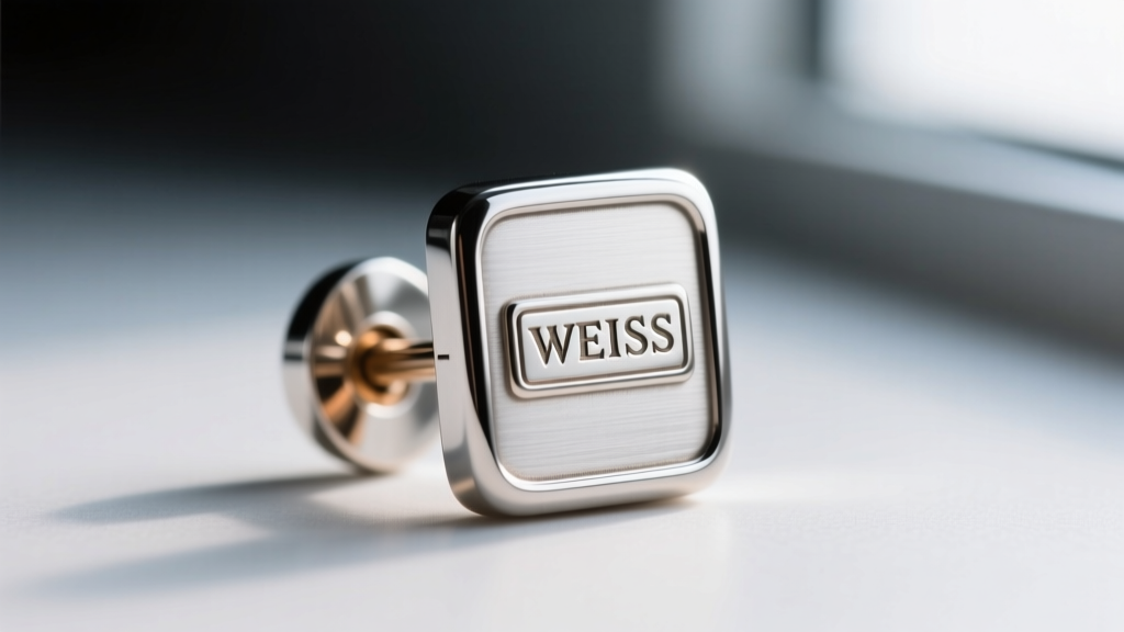 Macro shot of vintage Weiss earring back showing the stamped WEISS hallmark inside a rectangular cartouche on rhodium plated metal