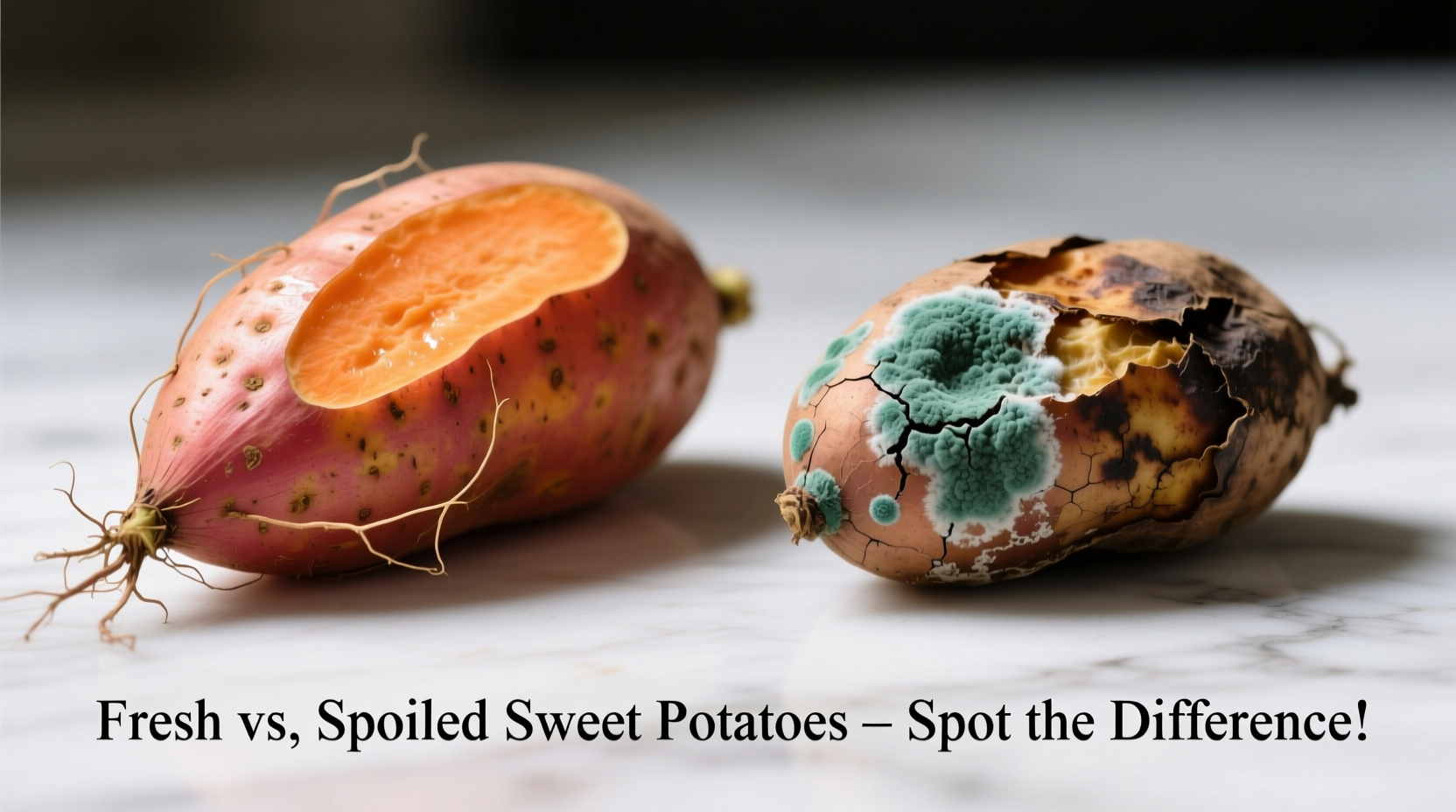 Fresh versus spoiled sweet potatoes comparison