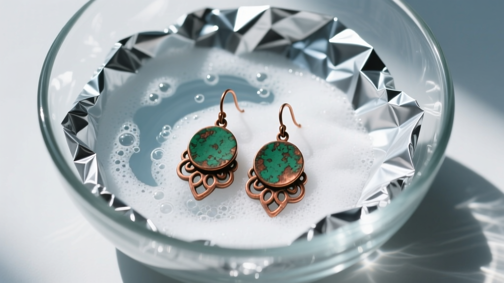 Glass bowl lined with aluminum foil containing cloudy baking soda water and a pair of oxidized copper earrings, top-down angle.