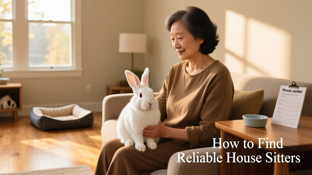 A calm rabbit sitting comfortably on a trusted house sitter's lap in a sunlit living room