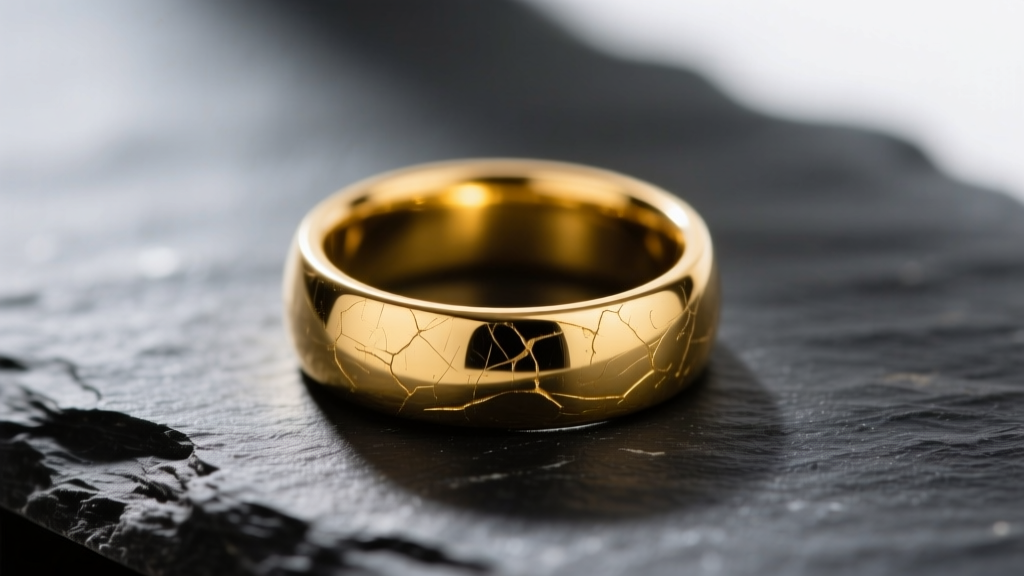Macro shot of an 18k yellow gold signet ring on dark slate, showing fine surface patina and micro-scratches under soft lighting.