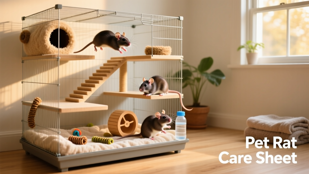 A spacious, multilevel wire cage with ramps, platforms, and nesting areas set up for pet rats
