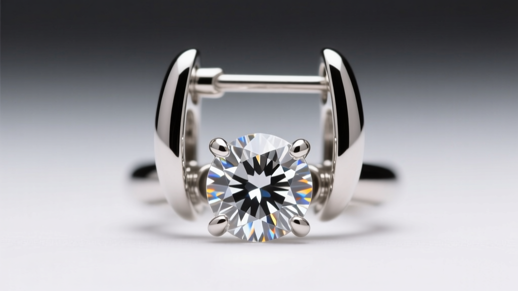 Macro photo of a platinum leverback earring closure clicking shut, holding a round diamond, soft studio lighting.
