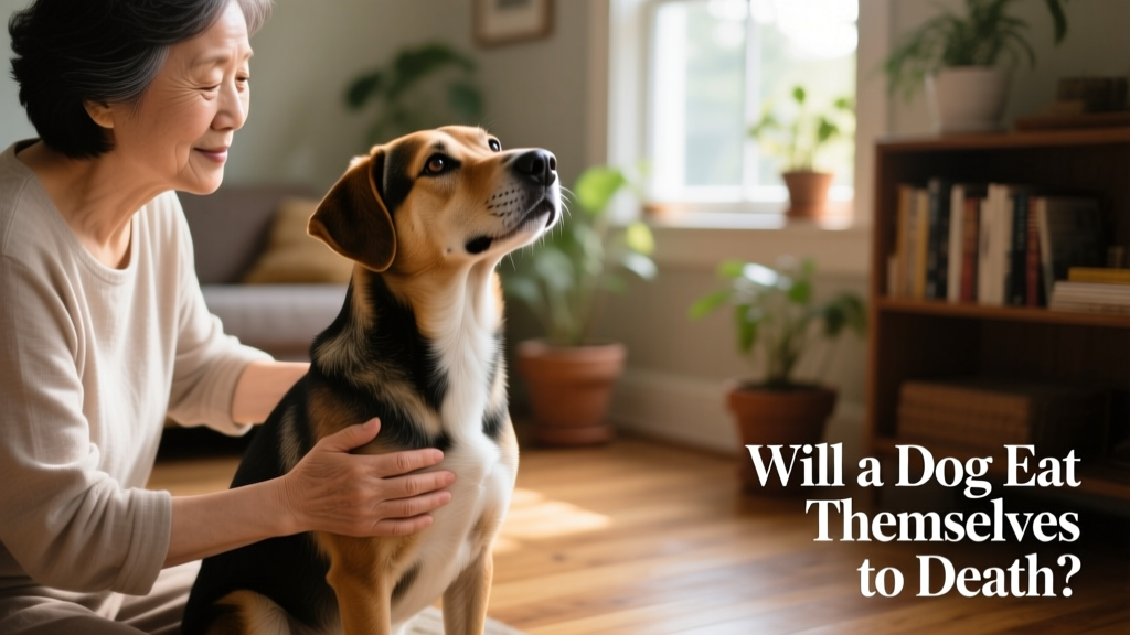 A concerned owner gently placing a hand on their dog's belly while the dog sits calmly nearby