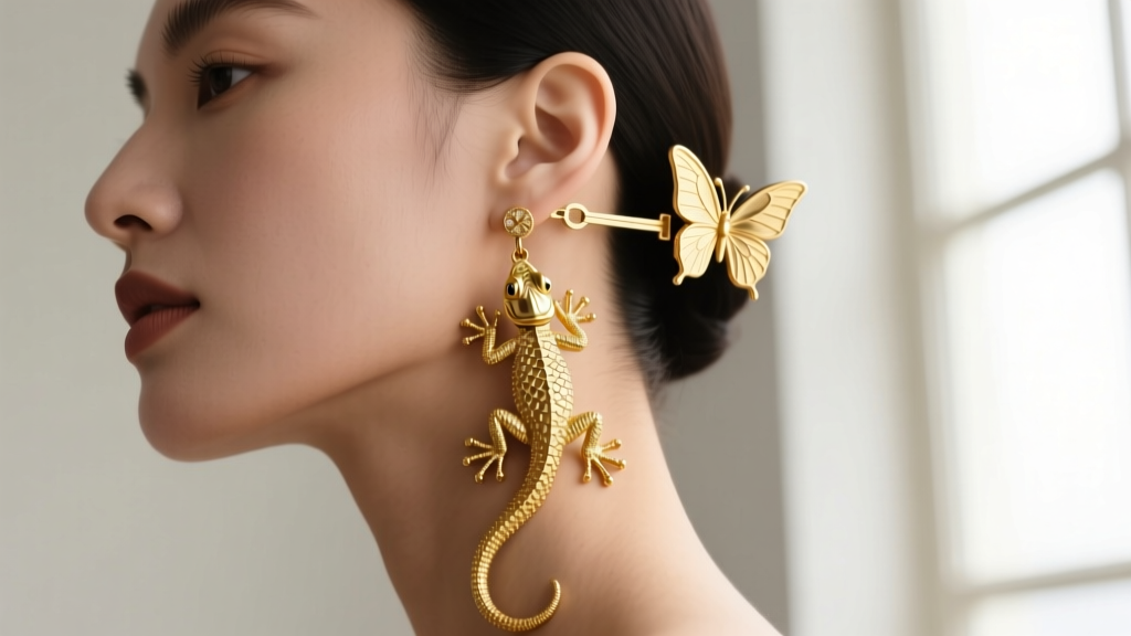 Side profile of a woman wearing 18g solid gold gecko dangle earrings, showing a secure butterfly back and intricate toe details