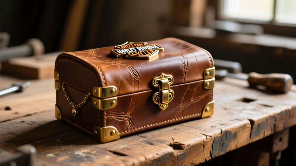 Distressed brown leather Harley Davidson jewelry box with brass hinges resting on a rustic wood workbench in warm ambient lighting
