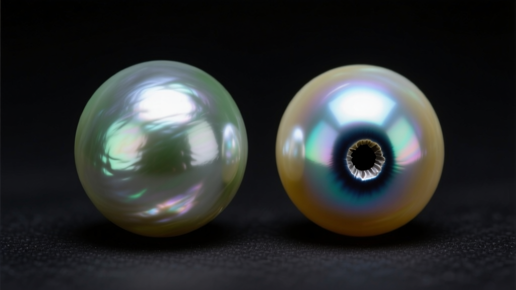 Macro view of a natural Tahitian pearl next to a dyed Akoya pearl showing concentrated dark dye pooled near the drill hole