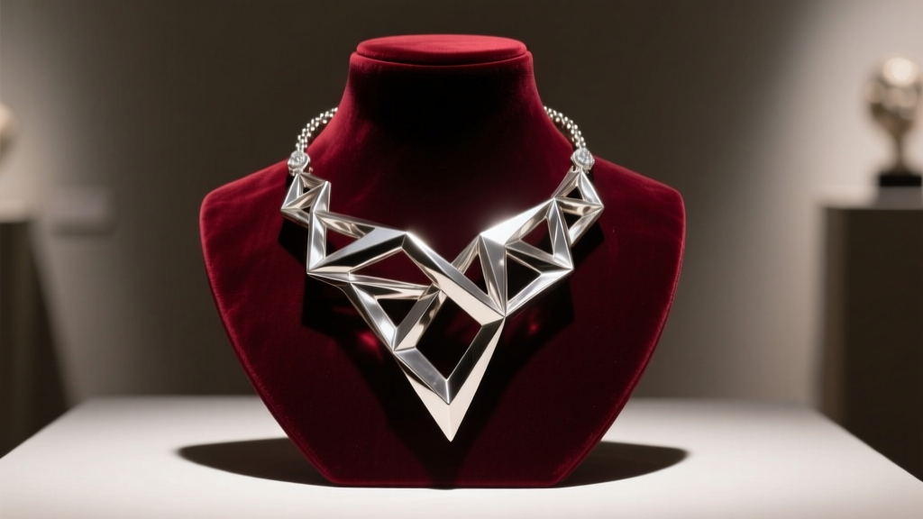 Sculptural Walter Van Beirendonck resin and silver necklace resting on a dark velvet bust under soft, directional gallery lighting