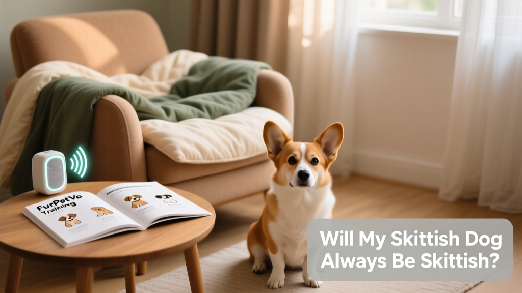 A cozy indoor setup with soft bedding, calming music icon, and a FurPetVo training guide open on a nearby table