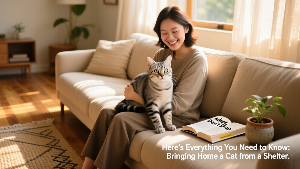 A joyful person holding a calm, curious cat while sitting on a couch in a sunlit living room