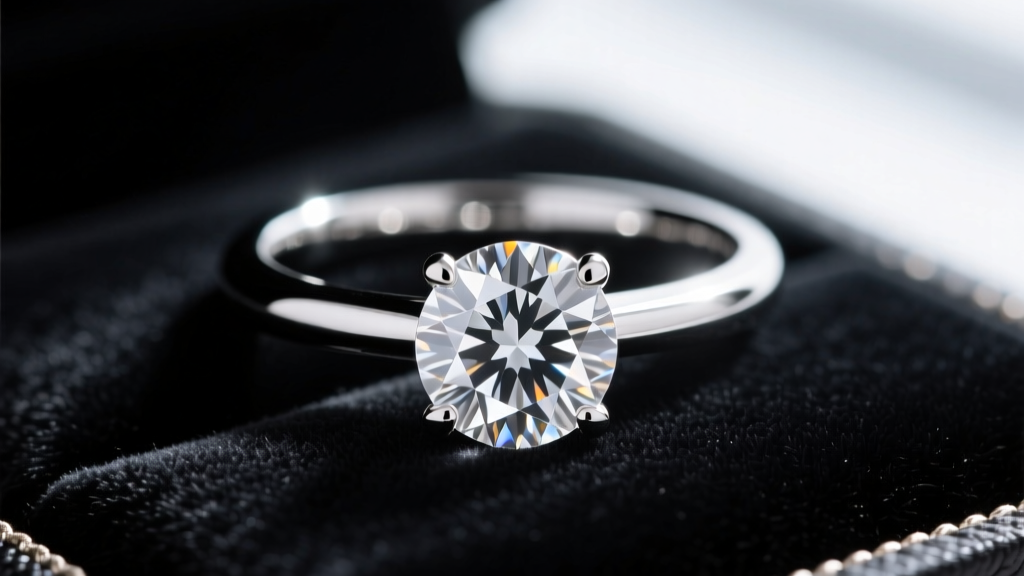 Close-up of a glowing 2-carat round brilliant lab-grown diamond engagement ring in a platinum setting, resting on dark velvet