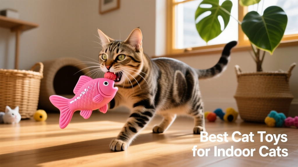 A cat chewing on a pink fish-shaped catnip cat toy