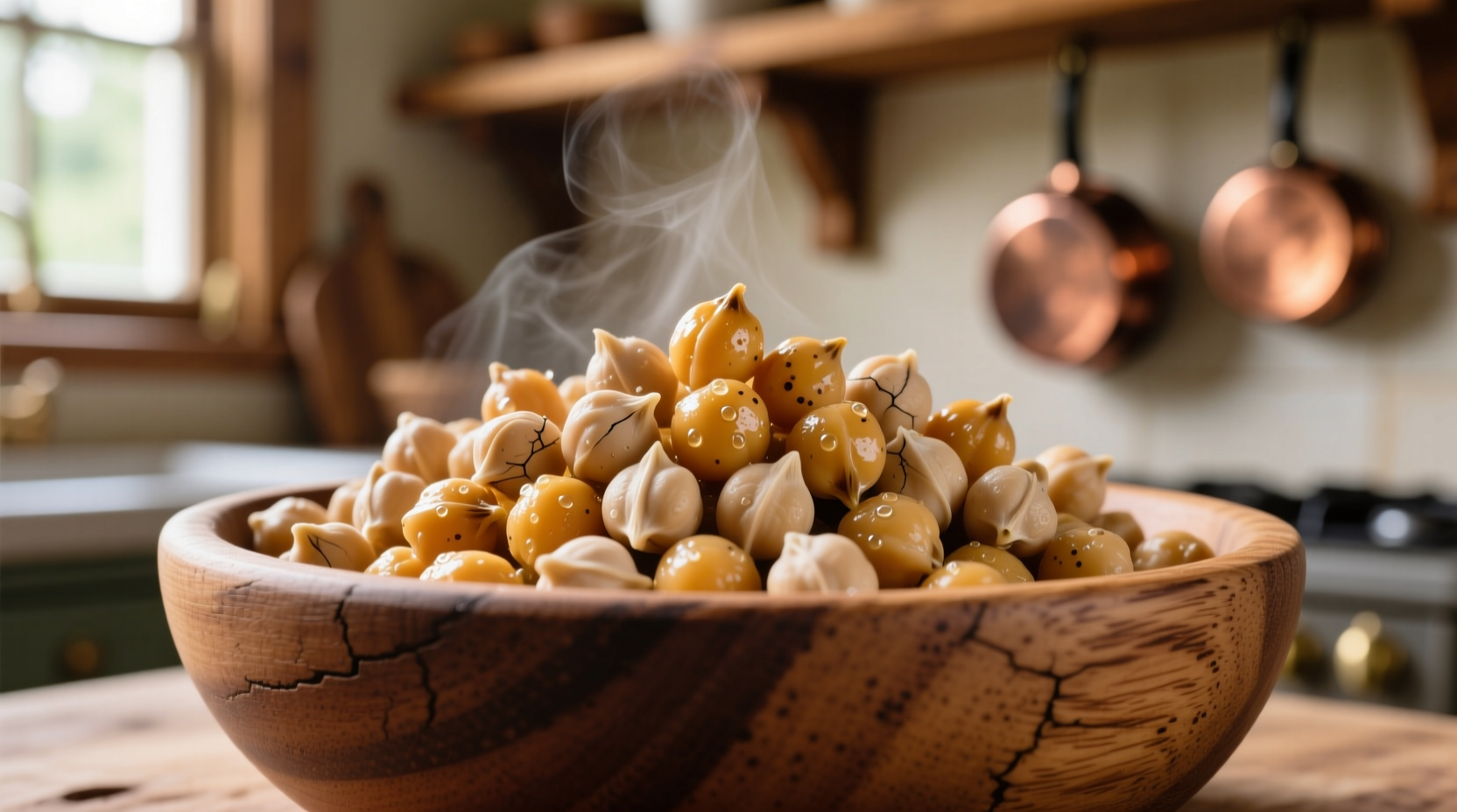 Close-up of cooked chickpeas in a wooden bowl