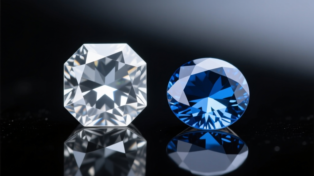 Macro shot of a cubic zirconia prop beside a Ceylon sapphire, showing color zoning and refractive differences under studio light