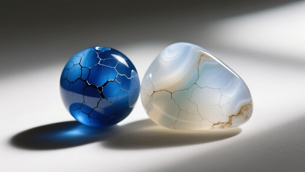 Macro view of a dyed blue nephrite bead beside natural chalcedony, showing dark dye concentrated inside microscopic surface crack