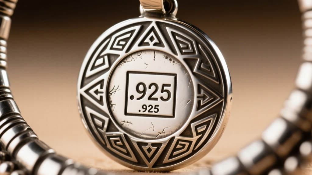Extreme macro close-up of a stamped Navajo silversmith hallmark and .925 stamp on the back of a heavy silver naja pendant