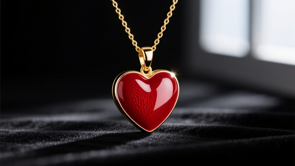 Macro shot of a red enamel heart pendant on a 14k gold choker chain, resting on dark velvet with dramatic, moody studio lighting