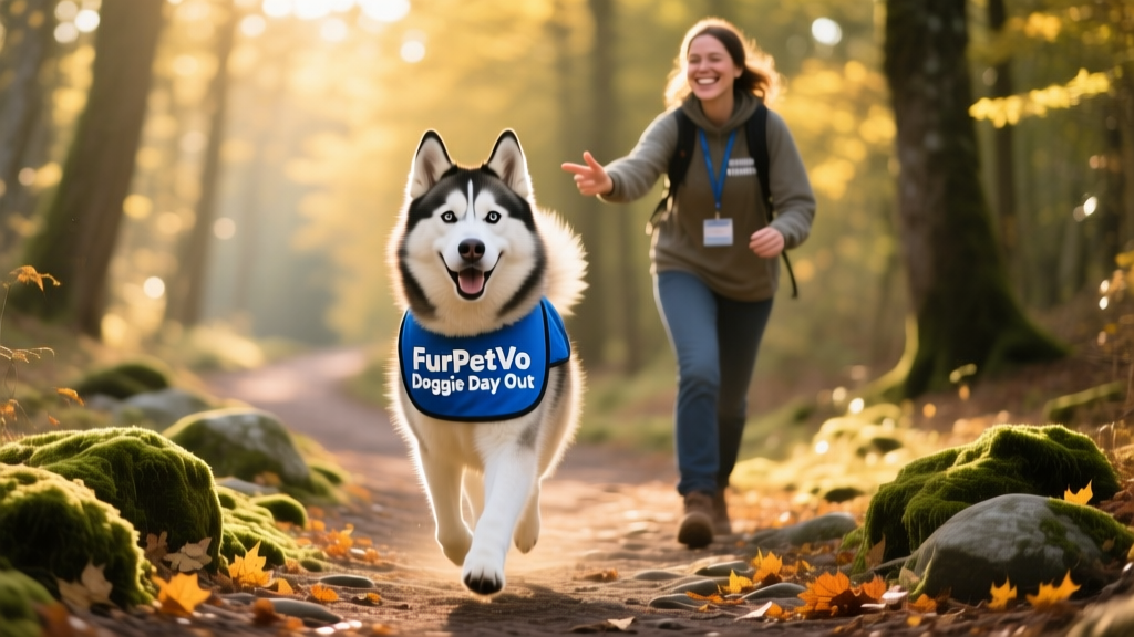 A joyful Siberian Husky named Aurora walking on a sunny trail with a volunteer, wearing a bright blue vest labeled 'FurPetVo Doggie Day Out'