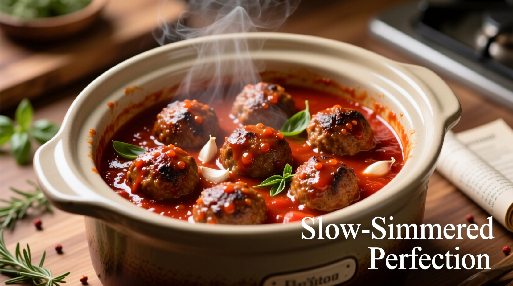 Perfectly cooked meatballs in slow cooker with sauce