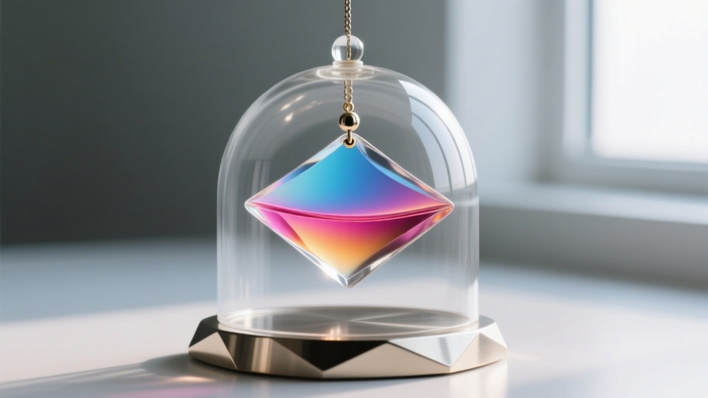 Macro shot of a glass mood pendant revealing the thermochromic liquid crystal sheet inside a clear quartz dome metal base setting