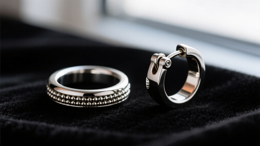 Macro photography comparing a seamless captive bead ring and a hinged segment clicker hoop for daith piercings on dark velvet