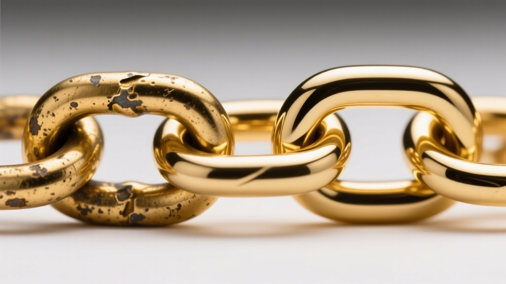Macro shot comparing a tarnished gold-plated chain link next to a pristine thick gold vermeil link under bright studio light