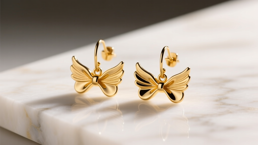 Close-up of 14k yellow gold farfalle drop earrings on a marble surface, catching warm studio lighting with intricate metal folds.