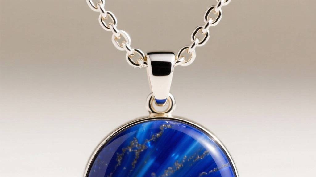 Close-up of 1.5mm white gold rolo chain passing through a hidden soldered bail on the back of a flat lapis lazuli stone pendant.