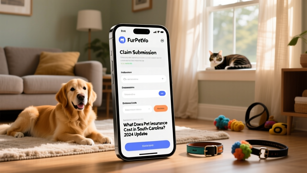 Smartphone screen showing the FurPetVo mobile app interface with a claim submission in progress