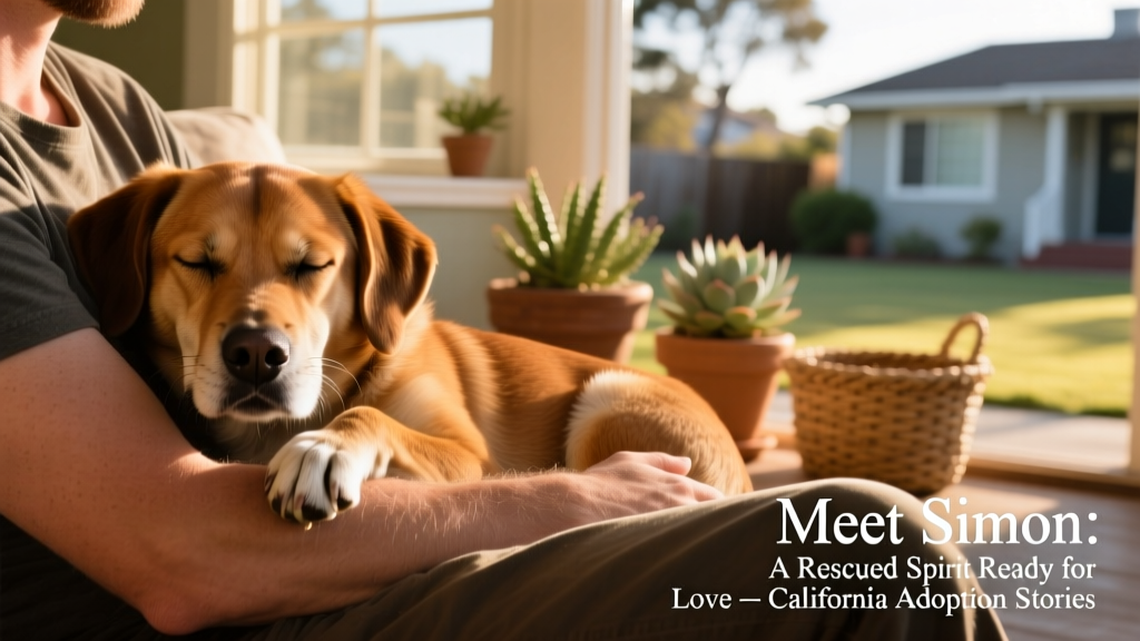 Simon nestled comfortably in a person's lap, eyes closed, one paw resting gently on their arm