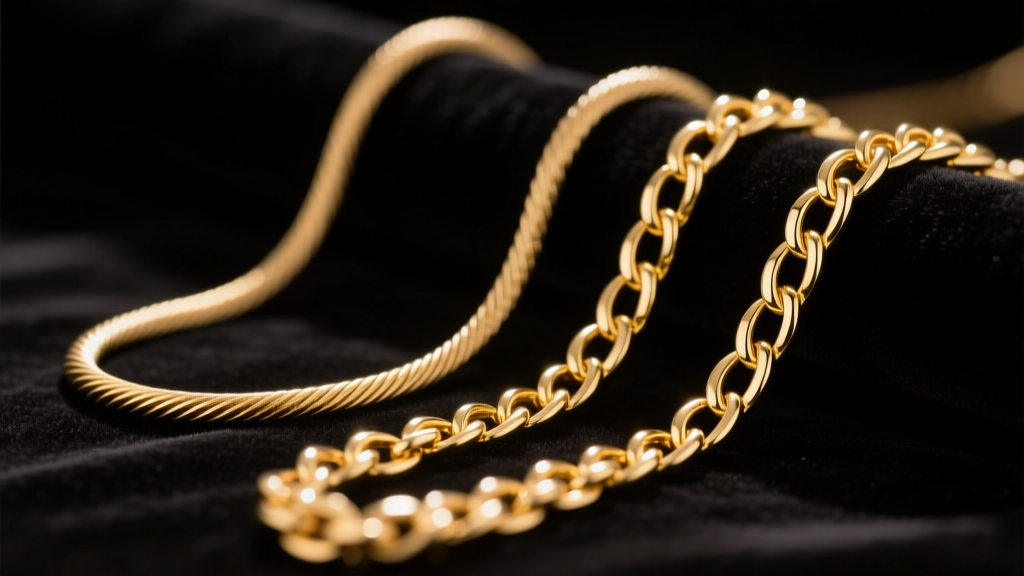 Dull 10k gold cable chain beside a bright 18k gold rolo chain on dark velvet, shot under crisp, warm studio lighting.