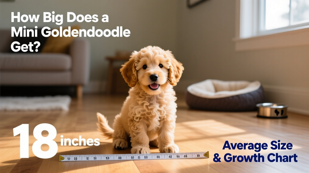 A joyful Mini Goldendoodle puppy sitting beside a measuring tape on a wooden floor